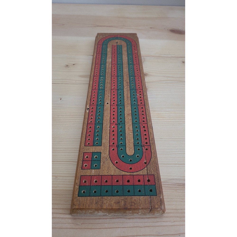 Vintage Wooden Cribbage Board 3 Track Red Green Paint with Pegs and Dice Set